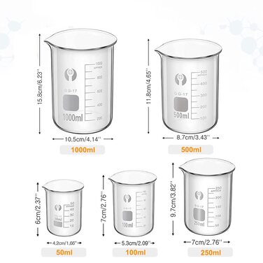 Beaker Cylinder Pipette Set, JESSTOLO 5-Piece Thick Glass Graduated Beakers, 4 Glass Measuring Cylinders with 3 Glass Measuring Pipettes, 4 Glass Stir Sticks and 2 Washing Brushes