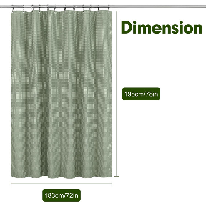 Штора для душу Waffel 183x198 см - текстильна, поліестер, з магнітами, 12 кілець, непрозора, водовідштовхувальна, для ванної кімнати (зелена)