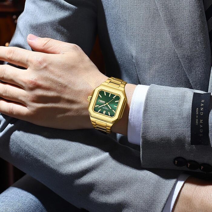Годинник чоловічий NIBOSI: кварцовий, з нержавіючої сталі, мілітарі, квадратний, водонепроникний, бізнес-стиль, класичний, дизайнерський (золотий, зелений)
