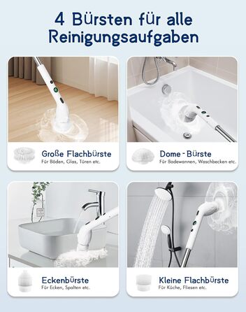 Електрична щітка для чищення з 9 насадок, щітка для швів, водонепроникна IPX8, електричний скрубер з регульованою ручкою, 2 швидкості для ванної кімнати, кухні, авто, підлоги, білий+чорний