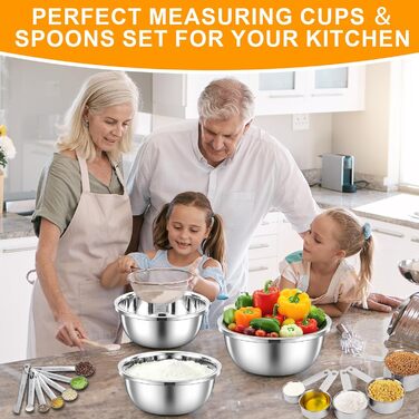 Mixing Bowl 3-Piece Set, Measuring Cup and Measuring Spoon 12-Piece Set, 5 Cup Pitcher & 7 Measuring Spoons, Nesting Cups, Stainless Steel Teaspoons and Tablespoons 18/8 for Baking and Cooking (Silver)