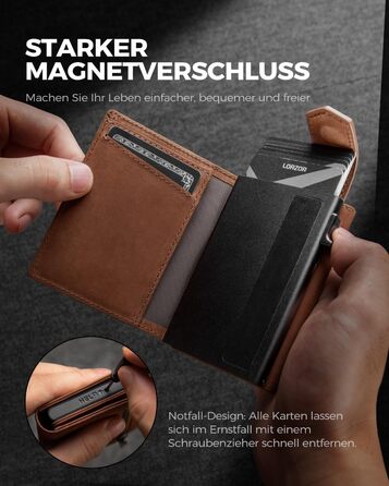 Чоловіче картхолдер LORZOR з магнітною застібкою: slim wallet з відділенням для монет, RFID захистом, вміщує 10 карт, коричневий