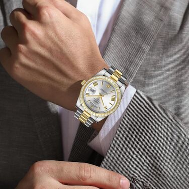 Годинник NIBOSI для чоловіків: аналоговий кварцовий годинник з діамантовою безелем, сталевим циферблатом, рожевим золотом та сріблом. Водонепроникний бізнес-годинник у стилі casual, класичний дизайн з датою та днем тижня (Золотий, Білий)