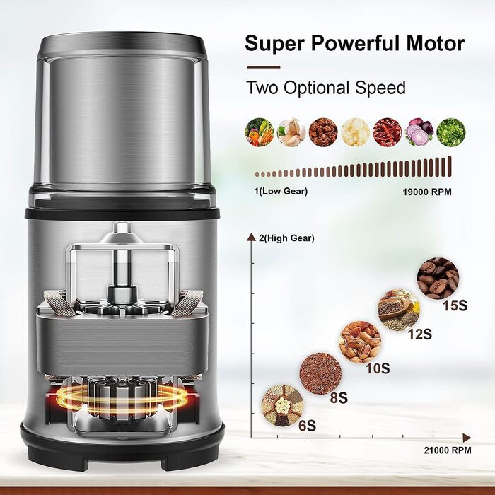 Electric Coffee Grinder, Spice Grinder with 2 Detachable Stainless Steel Bowls, with Splash Guard Cover and Brush, Coffee Bean Grinder with 110g Capacity, Dry and Wet for Corn Kernels, Herbs