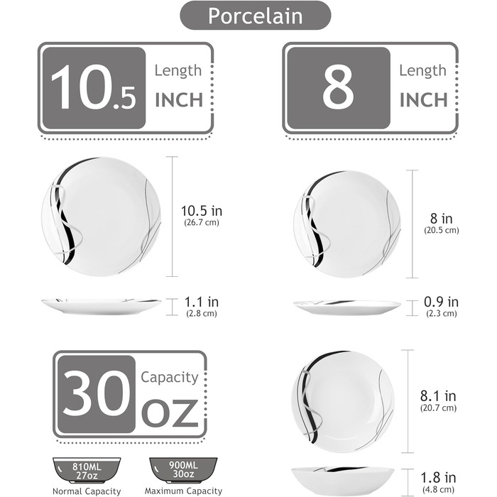 VEWEET Набір посуду 18 предметів на 6 осіб, порцеляновий сервіз, 6 тарілок для їжі, десертних та супових тарілок, сервіз Fiona