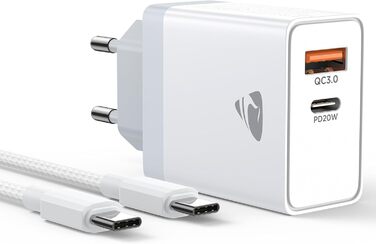 Мережевий адаптер USB C з двома портами, 20W, PD 3.0, з кабелем USB C - USB C 2м, білий