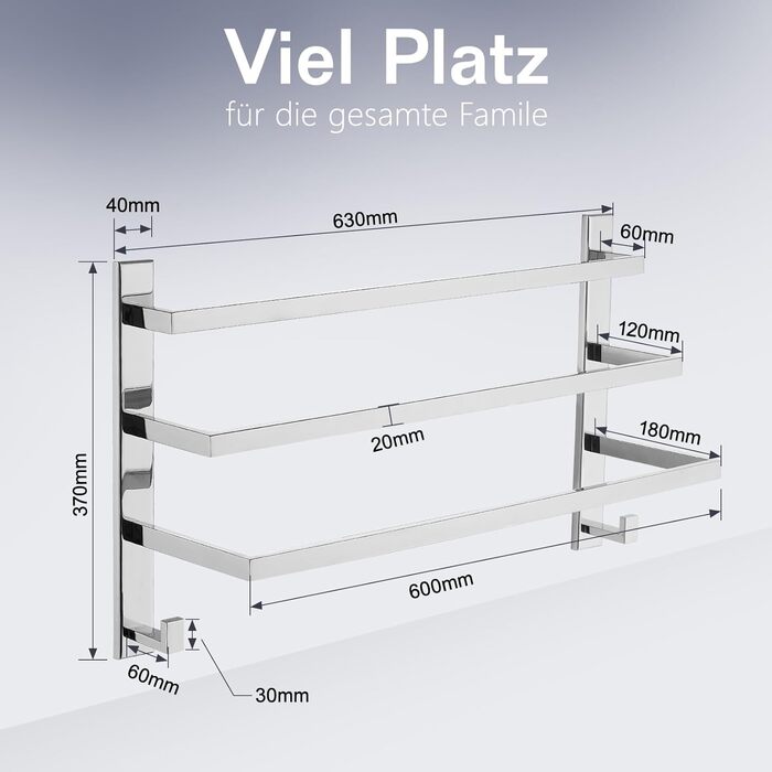Тримач для рушників без свердління для ванної кімнати | Без бактерій | Прихований кріплення | Тримач рушників з гачками - нержавіюча сталь SUS 304, нержавіюча сталь, полірована | з дзеркальним покриттям