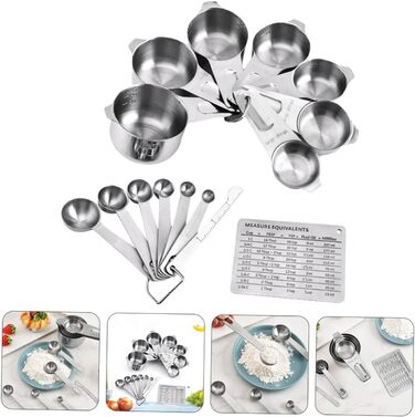 15 Measuring Spoon Conversion Table Kitchen Gadgets Bowls Measuring Cups for Baking Measuring Cup Set Portable Rice Spoon Kitchenware Stainless Steel Silver