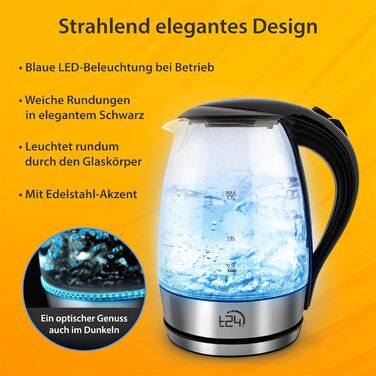 Скляний електричний чайник T24 79020 з LED-підсвіткою, 1.7 л, 2200 Вт, захист від перегріву, без BPA, сріблястий