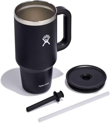 HYDRO FLASK - Travel Tumbler - Thermobecher 946 ml (32 Oz) with Press-In Straw Lid - Stainless Steel - Double-Wall Vacuum Insulation - Splash-Proof Lid - Black
