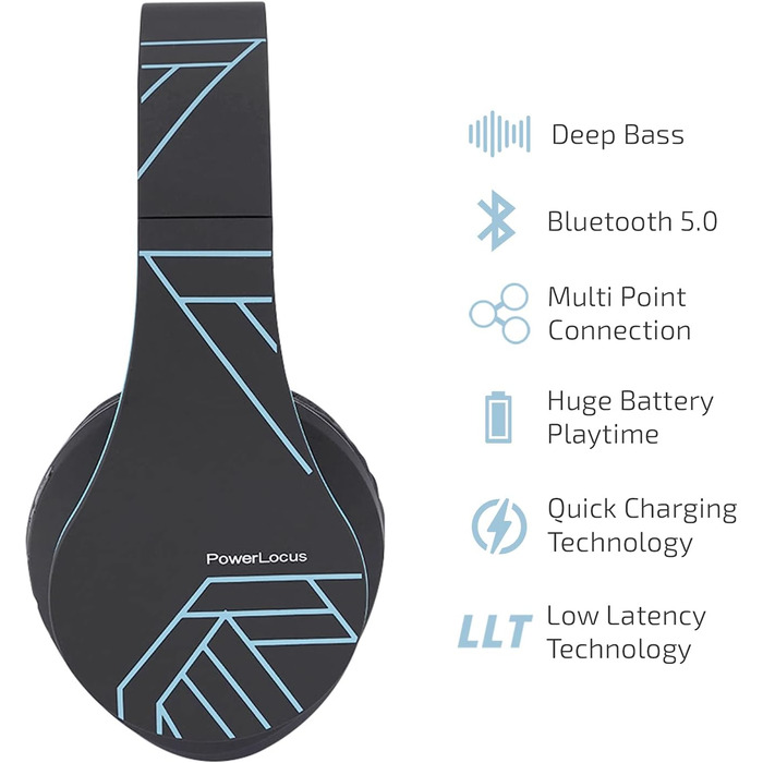 Бездротові навушники PowerLocus Over-Ear з Bluetooth, мікрофоном, складна конструкція, м'які амбушюри, Hi-Fi стерео звук, бас, для дітей та дорослих, TV/PC/Home Office (Чорний/Синій)