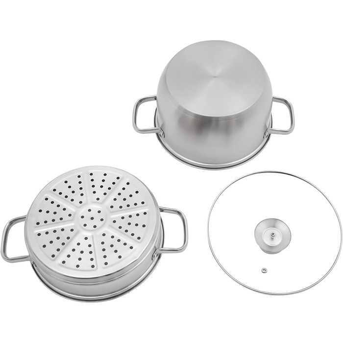 Пароварка 20 см з нержавіючої сталі з кришкою з скла, 2-рівнева пароварка, каструля для супу, пароварка для індукції, каструля для приготування на пару, каструля для овочів, риби, супу, галушок