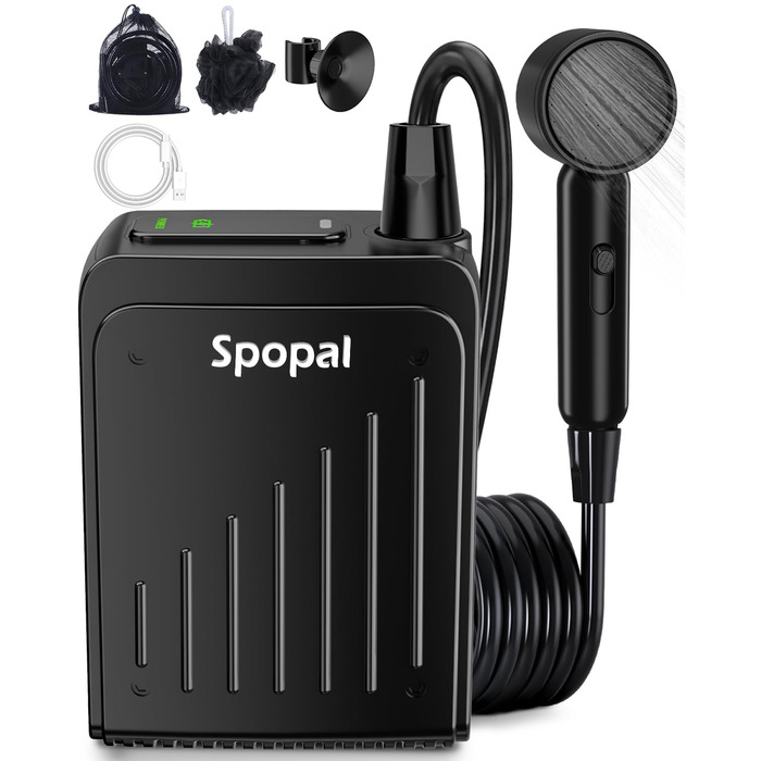 Портативний душ для кемпінгу Spopal 5000mAh, водонепроникний IPX8, з насосом, насадкою, гачком. Для туризму, пляжу, авто, миття тварин