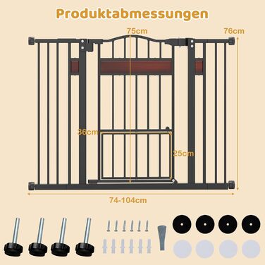 Захист для дверей Costway для собак, 74-104 см, 76 см висота, з маленькими дверцятами, 2 розширення, автозакривання та подвійний замок, без свердління, розсувне захисне ґратка для собак (Білий/Чорний)