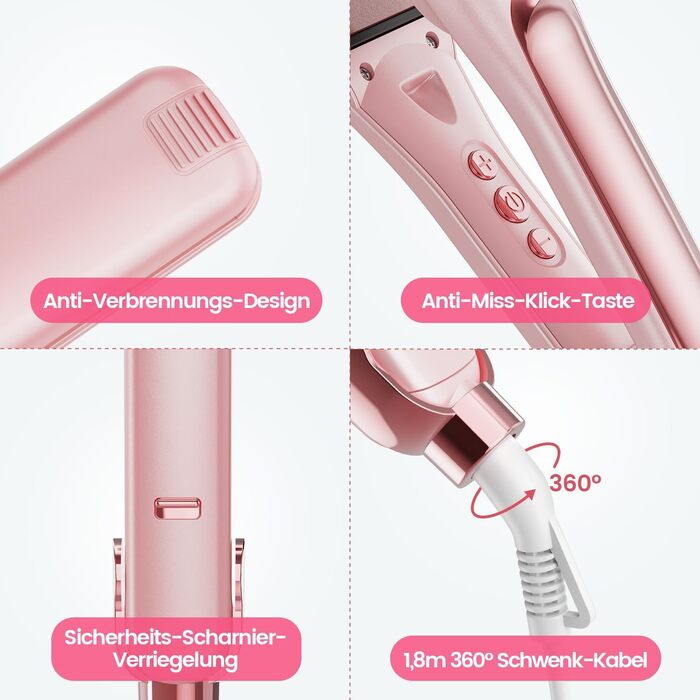Dekuri 42mm Ceramic Hair Straightener & Curling Iron - Pink - Adjustable Temperature 120°C-230°C