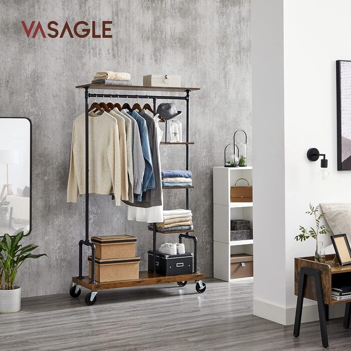 VASAGLE Clothes Rack on Wheels, Coat Rack, Clothes Rail with 5 Shelves, 40 x 103.5 x 174.5 cm, Industrial Design, Steel Frame, Vintage Brown-Black HSR66BXV1