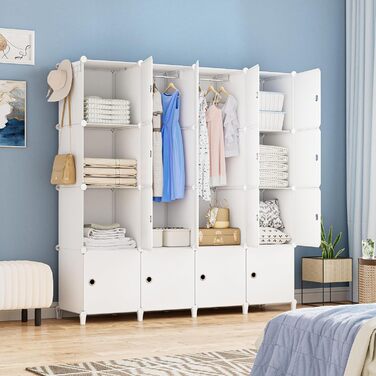 HOMIDEC Wardrobe, Portable Shelving System, 20 Cube Closet Made of Plastic with 2 Clothes Rails, Bedroom Wardrobe Closet White for Bedroom, 180 x 142 x 45cm (16 cube, All White)