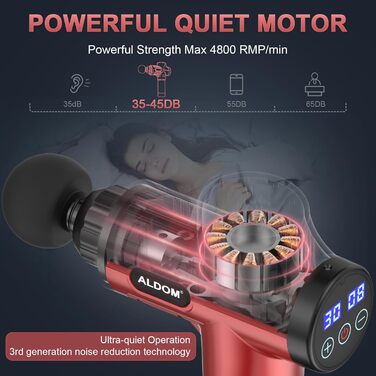 ALDOM Massage Gun - Electric Muscle Massager with 30 Speed Settings & 8 Attachments - Red