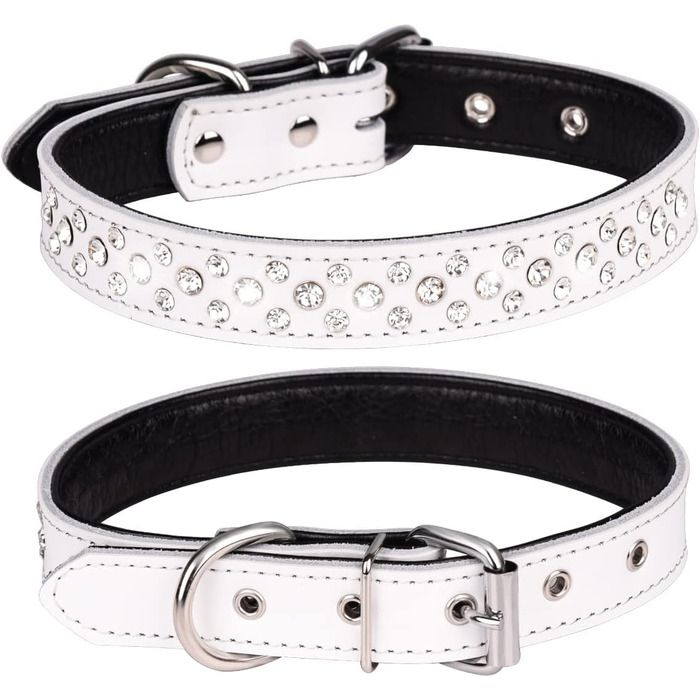 Нашийник для собак з камінням Swarovski, регульований, з кристалами, з натуральної шкіри, для маленьких та середніх собак (фіолетовий) (L, білий)