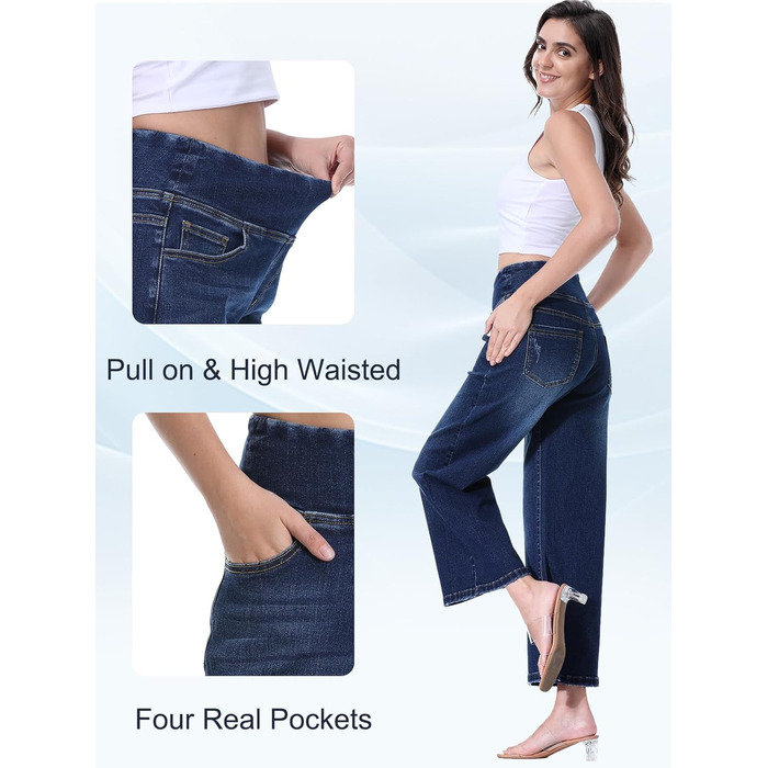 Джинси жіночі Baggy з високою талією, широкі, укорочені прямі, еластичні, літні, колір - темний індиго