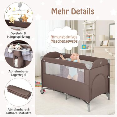 DREAMADE 4-in-1 Travel Bed with Mattress, 120 x 60cm Crib/Bouncer with Wheels, Folding Baby Bed as Changing Table & Playard, Baby Travel Bed from Birth (Gray)