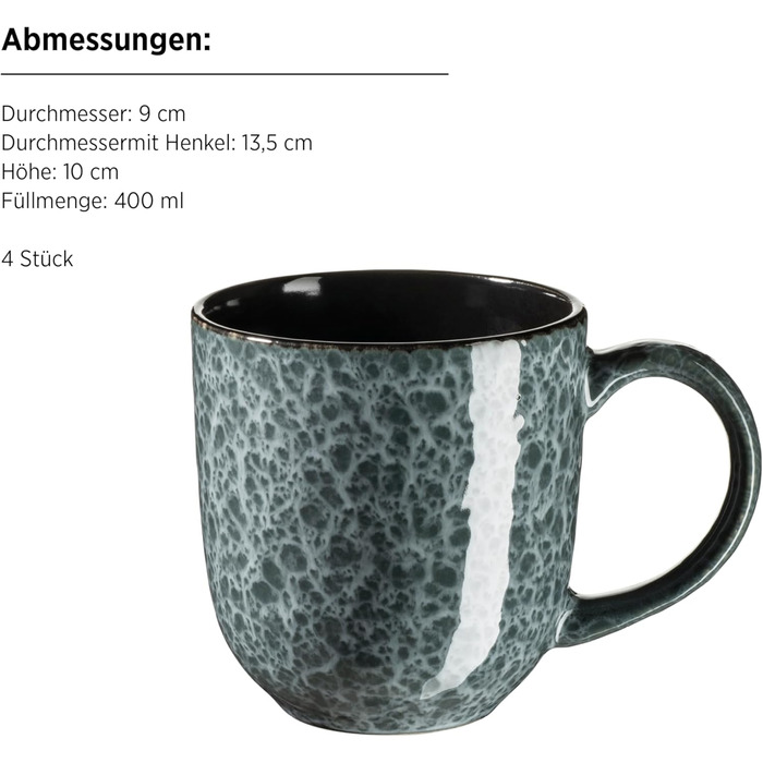 MÄSER Filippa: Набір посуду з кераміки для 4 осіб (16 предметів); Тарілки, миски, чашки з реактивною глазур'ю, зелено-чорний колір, порцеляна