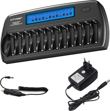 Зарядний пристрій CITYORK для акумуляторів AA/AAA з LCD-дисплеєм, 12 слотів, NI-MH/NI-CD, з розрядом та захистом IC