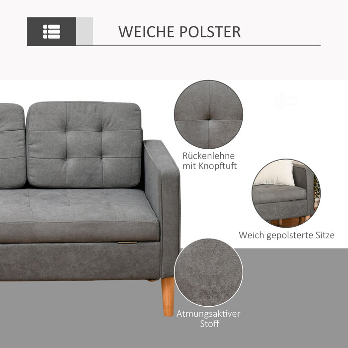 HOMCOM 3-Seater Sofa Fabric Sofa Loveseat Gray with Removable Cushions Made of Cotton and Rubberwood 166.5 x 62 x 82 cm