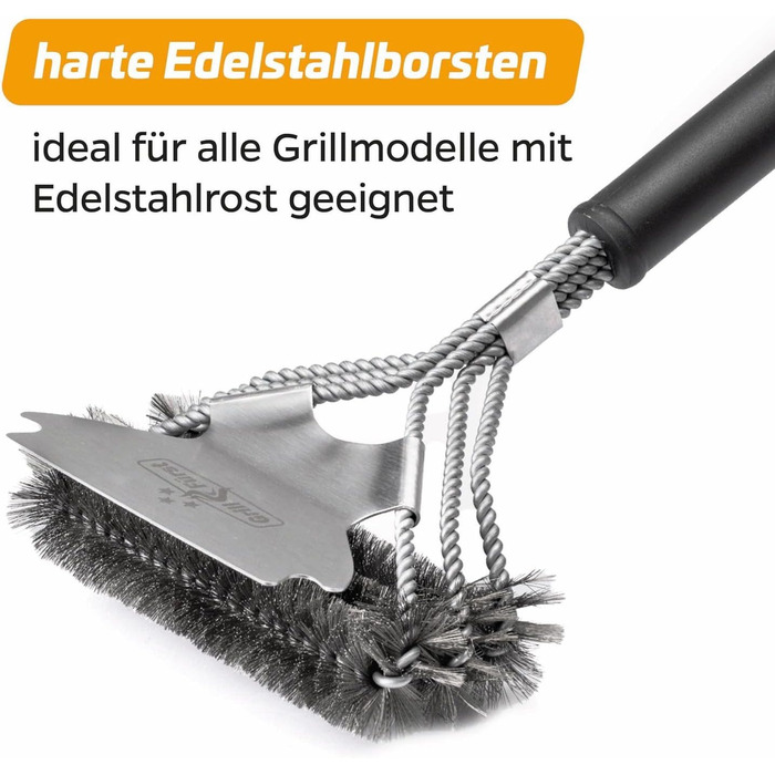 3X Grillfürst Premium Grill Brush with Brass Bristles, 45 cm - Grill Cleaning Brush for Grill Grates, Grill Grate Brush with Wide 3-Section Brush Head and Scraper (Stainless Steel with Scraper)