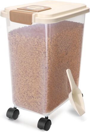 Контейнер для корму для собак та котів Nobleza, 40л, з датою виробництва, з роликами, повітряний, прозорий