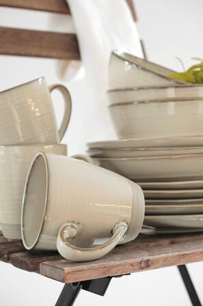 MÄSER 931371 Nottingham Vintage Dinner Set for 4 people, 8-piece tableware set with dinner plates and soup plates in an irregularly round retro look, stoneware, beige