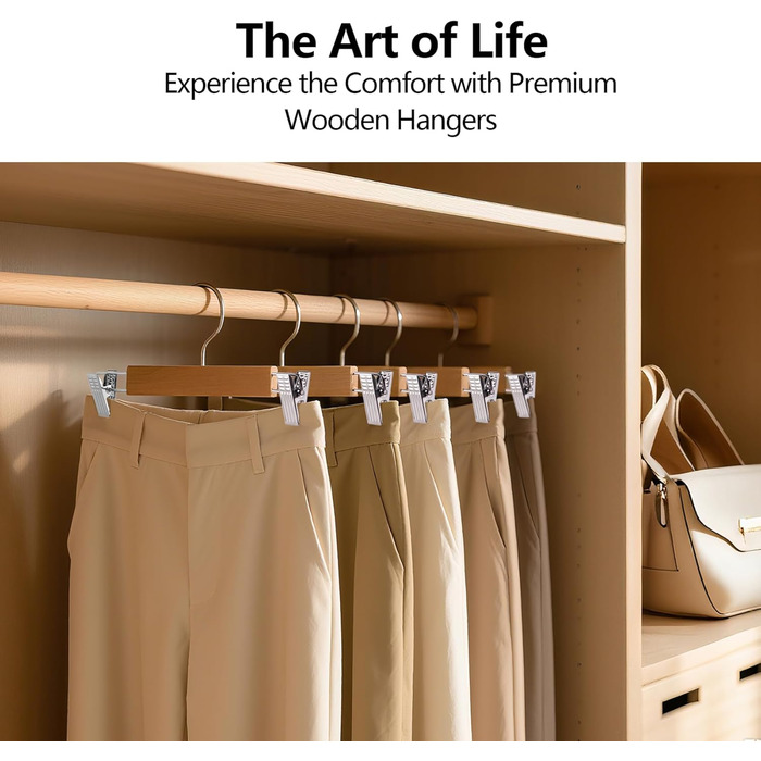 10 дерев'яних вішалок для одягу 35 см, міцні вішалки для штанів, з поворотним гачком 360°, металеві вішалки для одягу, економія місця, з антиковзними кліпсами для штанів, шкарпеток, спідниць (колір дерева)