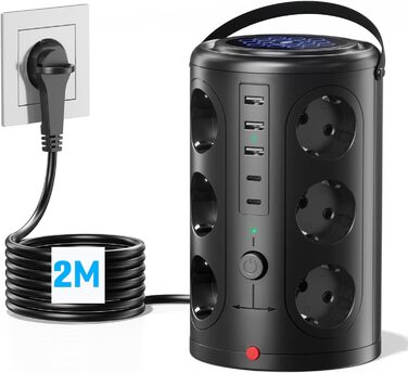 Багаторозеткова мережева панель Pluackg з 5 USB, 12 розеток, захистом від перенапруги, 2м кабелем, чорна