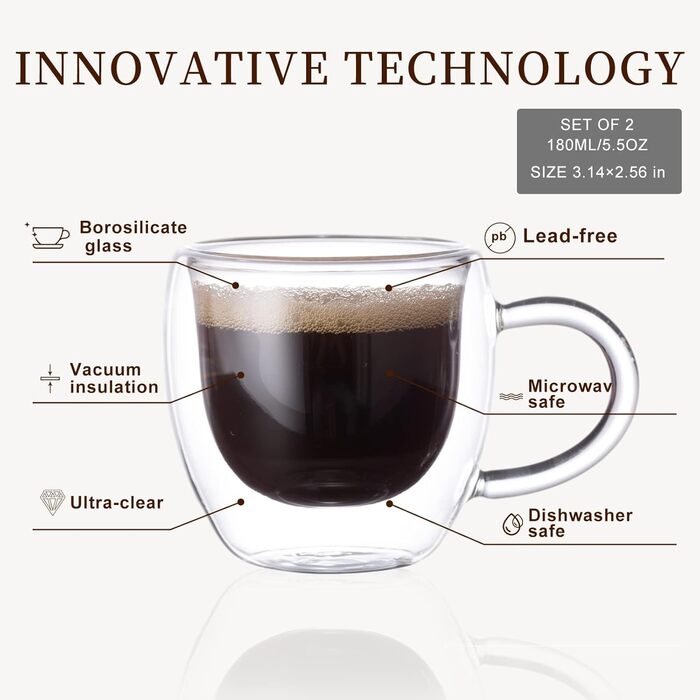Набір чашок для еспресо ParaCity (2 шт.), 180 мл, з подвійним ізоляцією, для капучино/лате/кави/чаю, з ручкою, прозорі, для подорожей та кемпінгу