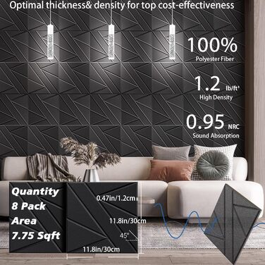 Акустичні панелі BSHEAD самоклеючі для звукоізоляції стін, шумопоглинаючий пінополіуретан 30x30x1.2 см, чорний