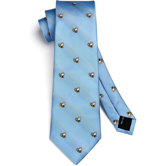 HISDERN Комплект краватки та нагрудного хустинки з принтом тварин (Бджола, блакитний) для весілля та ділових зустрічей