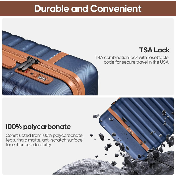 Набір валіз UKEIN 3 шт. з жорстким корпусом, міцний ручний багаж з 4 колесами, TSA-замок, рюкзак та косметичка (Marineblau)