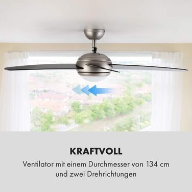 Вентилятор стельовий Klarstein Bolero 134 см з підсвічуванням, 55W, дерев'яні лопаті, пульт, 50 dB, 3 швидкості (Чорний)