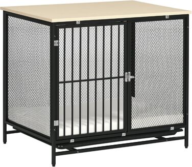 Клітка для собак PawHut, закривається на замок, з подушкою, для собак середніх порід до 20 кг, 88 x 55 x 71 см, колір: дуб+чорний