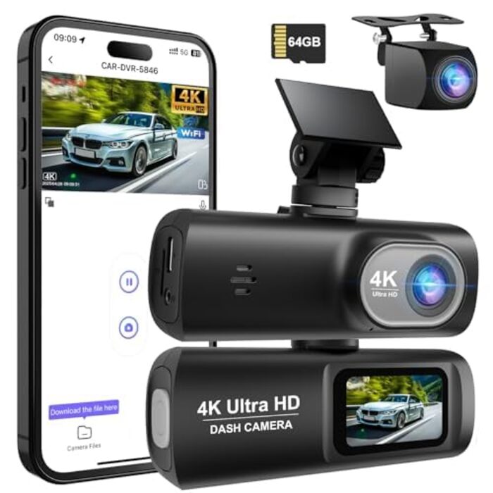 Відеореєстратор для авто 4K + 1080P з WiFi, нічною зйомкою та паркуванням, 64GB карта в комплекті