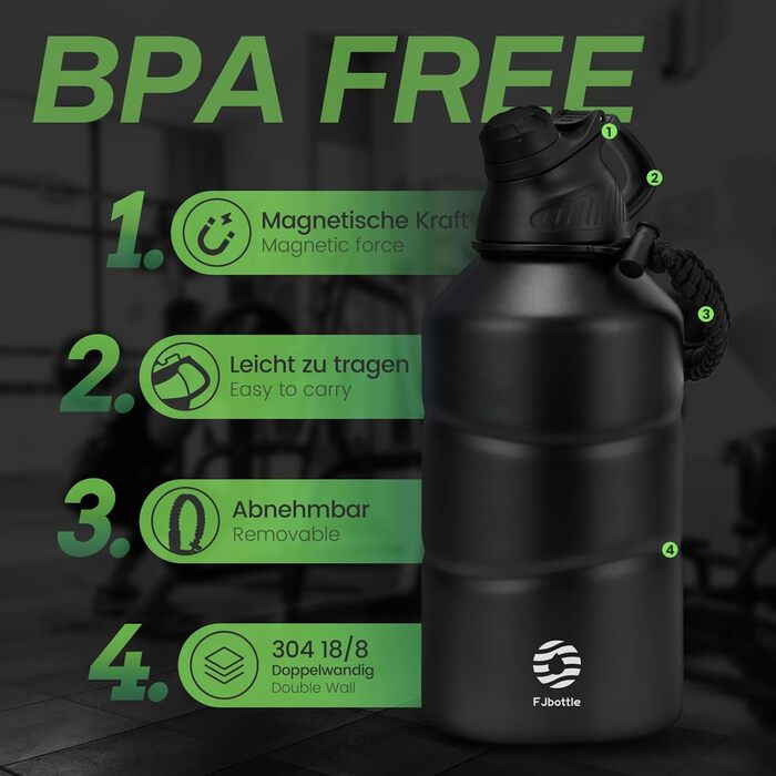 Fjbottle Stainless Steel Water Bottle 1900ML with Magnetic Lid, BPA FREE, Leak-Proof, Double-Walled Thermo Metal Bottle - Suitable for Carbonated Drinks, Sports Water Bottle for University, Fitness, Camping, Outdoor (Black Thermo)