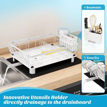 Сушарка для посуду MAJALiS 2-ярусна з піддоном та килимком, з тримачем для столових приборів, чорна (біло-чорна)