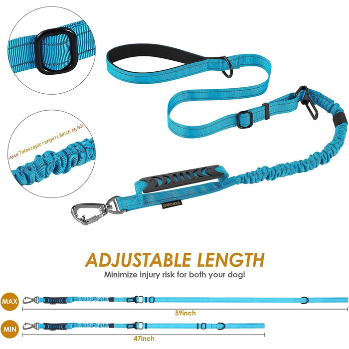 Тактична повідок для собак AUBELL, міцна, світловідбиваюча, без натягу, з амортизатором, для середніх та великих собак, з м'якою ручкою, страхувальний ремінь для авто, поворот на 360°, зелений (M-L, синій)