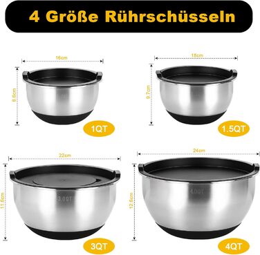 Набір мисок Bastwe з нержавіючої сталі, 4 шт. з кришками, тертки, для випічки та зберігання, складаються, 4.5L/3.5L/2L/1.1 L
