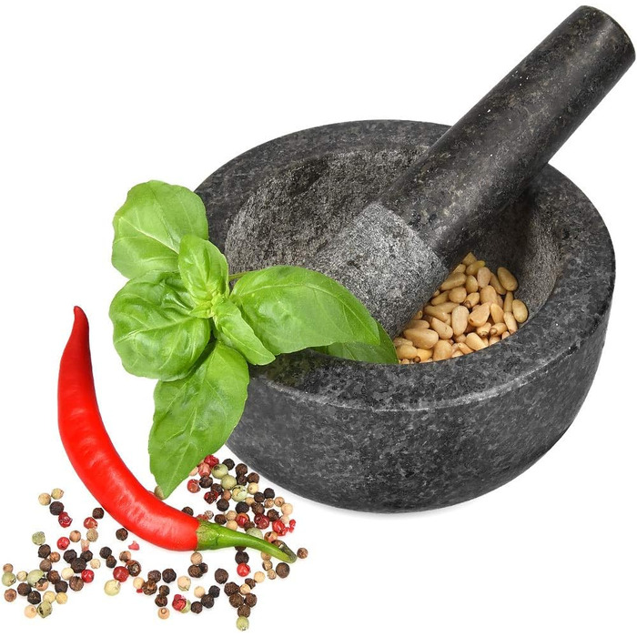 Navaris Granite Mortar and Pestle Set - Large Stone Mortar & Pestle for Spices, Pesto, Herbs - Includes Stamper with Mallet - Ø 16cm