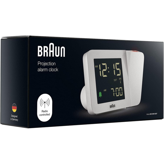Braun Digital Radio Projection Clock for Central European Time Zone (DCF) with Negative LCD Display, Quick Set and White Alarm Beep, BC15W-DCF.