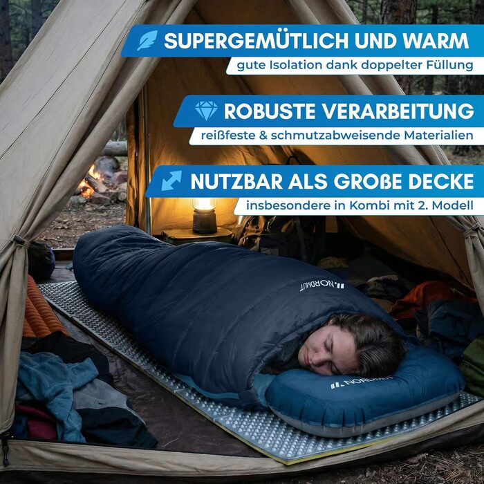 Спальний мішок-ковдра NORDMUT для дорослих, ultralight (1600г), 3-сезонний (250 GSM), з двосторонньою блискавкою YKK для кемпінгу та фестивалів, темно-синій (Marine)