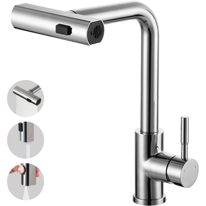 Кран кухонний iVIGA висувний з дощу, водоспад, 360° поворот, мікшер, брашований нікель