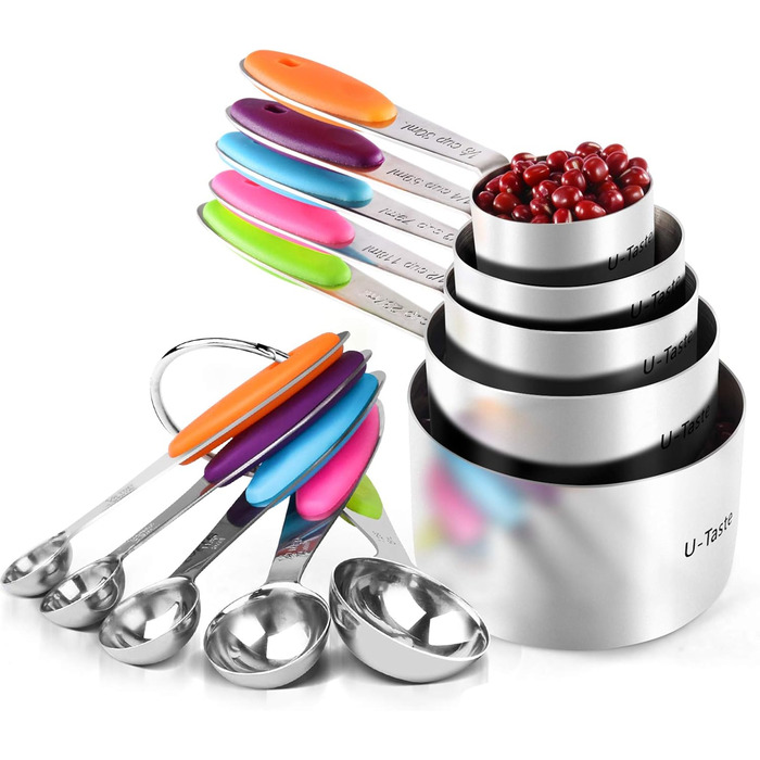 Measuring Cups: U-shaped 18/8 Stainless Steel Measuring Cups and Spoons Set with 10 Pieces, Thicker Grip, American (Multicolor)