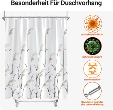 Штора для душу Weizenohr 180x200 см, з утяжеленим краєм, антигрибкова, водовідштовхувальна, поліестер, з кільцями (1 шт)
